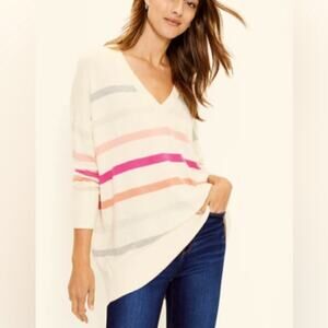 LOFT Ivory Stripe Oversized Slouchy V-Neck Sweater Casual Cozy Size Large